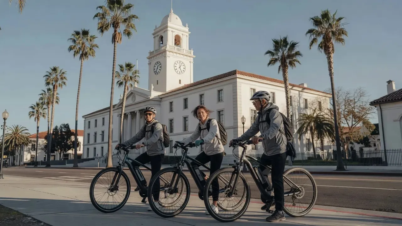 Small group on electric bikes along the Cabrillo bike path in Santa Barbara with the Pacific Ocean and Channel Islands in the background, santa barbara electric bike tours