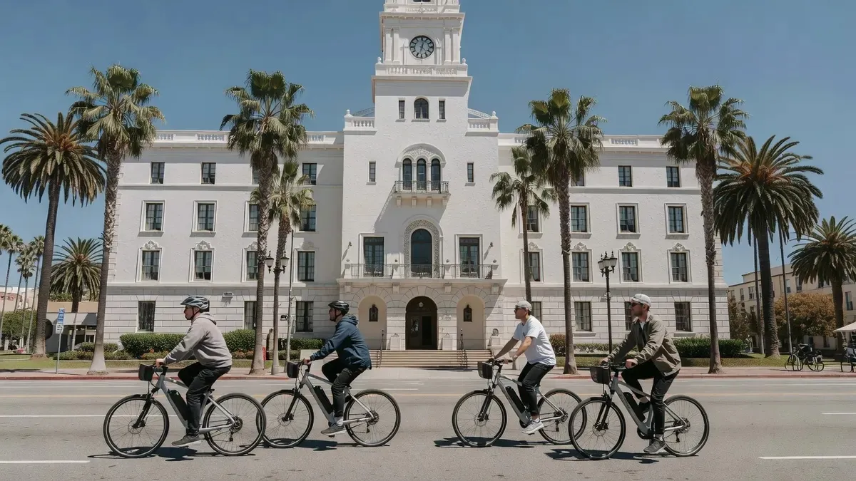 Small group following a local guide on high-end electric bikes through downtown Santa Barbara on a santa barbara electric bike city tour along State Street, California